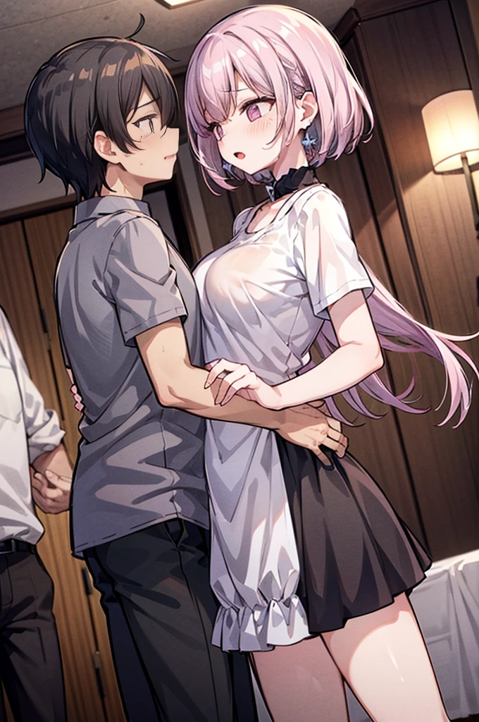 Perfect human body、2 boys,1 girl、A couple、heterosexuality、 NSFW, ((actual, Bedrooms)), (very highly detailed background), (((Stand next to the girl、Man puts his hands on girl's waist))), Oversized white T-shirt、mini-skirts、鎖骨,Bigchest, ((woman with fever)), ((perspiring,steamy,Upper grades))), 、皮革mini-skirts、((Confused expression)), (face flushed), 大男子气概的男人Stand next to the girl、looking at viewert,