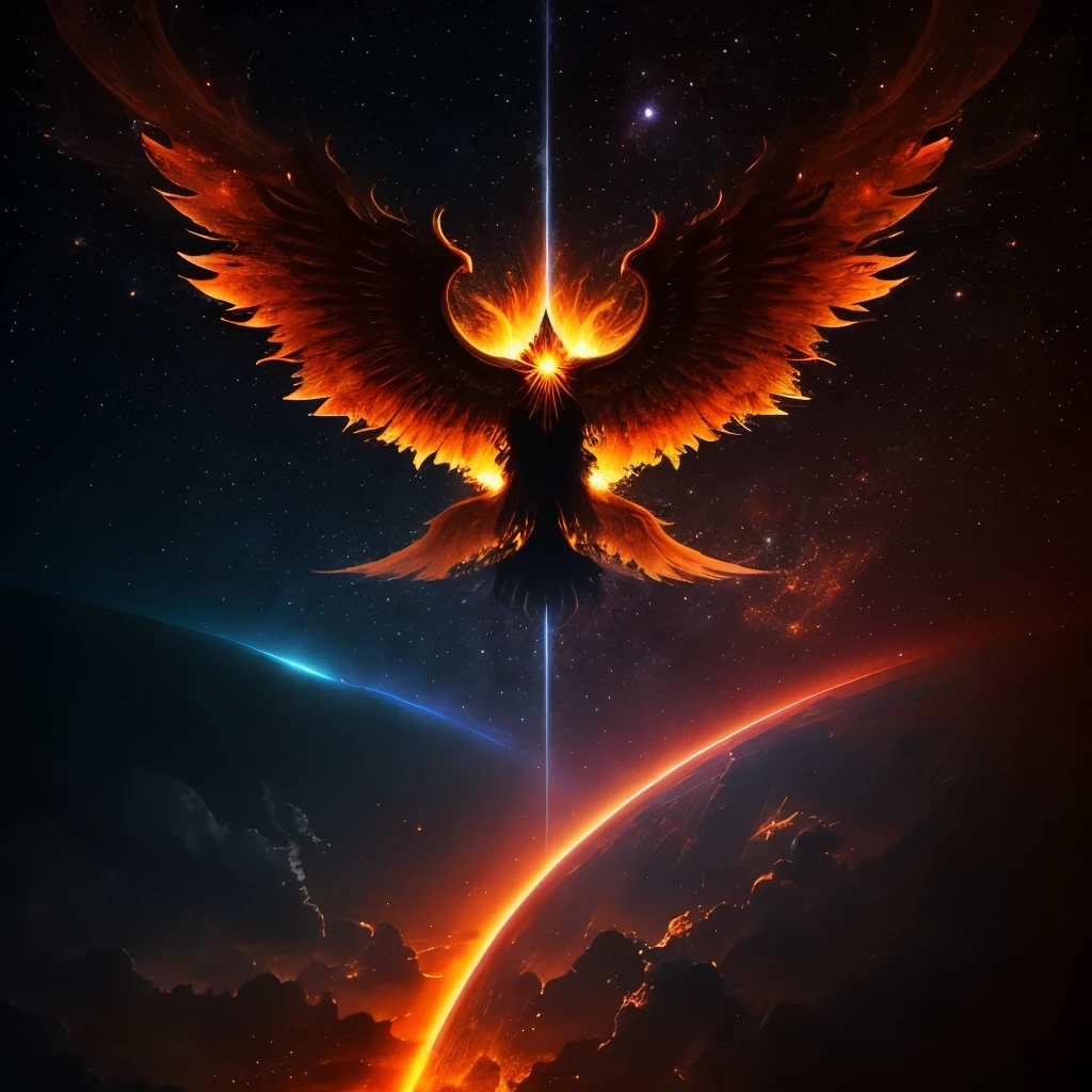 Spiritual space,archaic,mystical,Dreamy,A phoenix hovers in the sky,Rays of golden light shine down from the sky,s fractal art