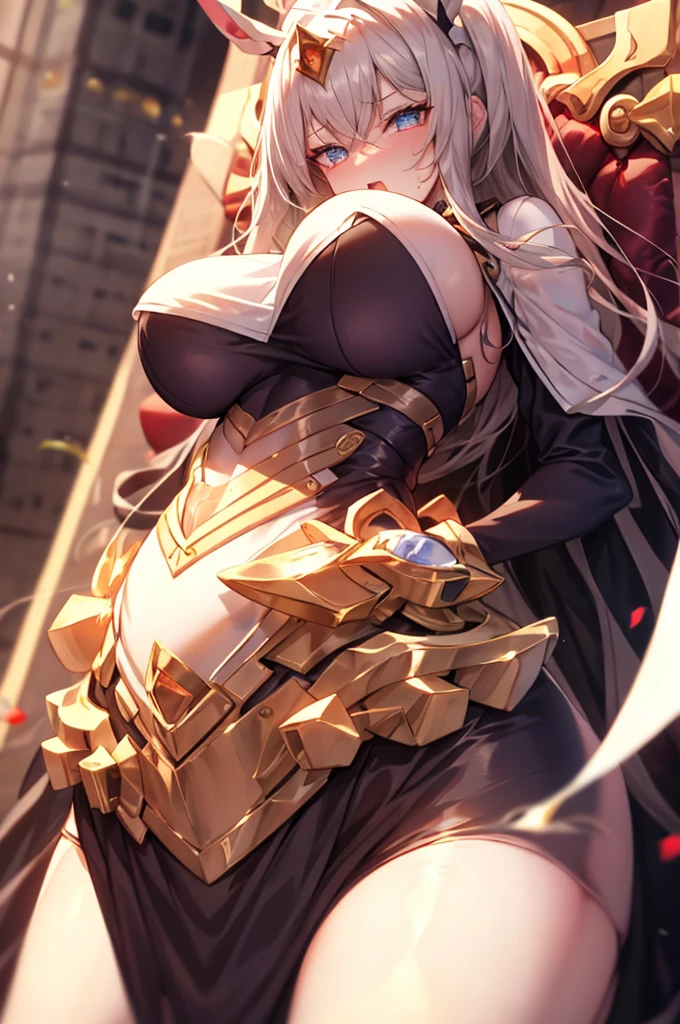 tmasterpiece, Best quality at best, finely detailled, A high resolution, Extremely refined and beautiful,1womanl,nsfw, looking at viewert, face to the viewer, Golden hair, white backgrounid, 独奏,(full bodyesbian:2),A mother,Big breasts wife,wheezing,steamy,perspiring,Be red in the face,Bigchest,Convex milk,big breasts thin waist,smooth thigh