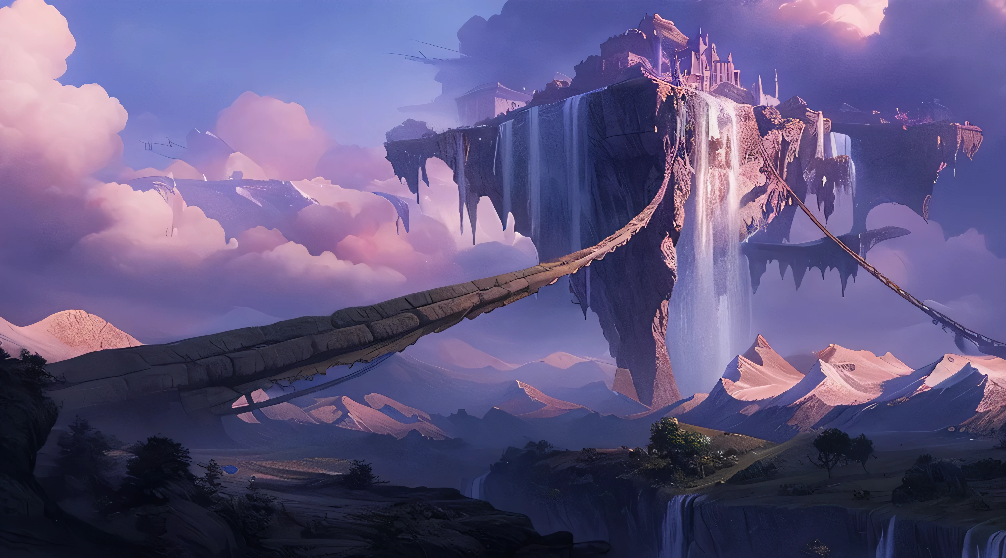 mountains and a waterfall with a rope bridge in the foreground, epic fantasy digital art, detailed fantasy digital art, fantasy epic digital art, wide angle fantasy art, highly detailed fantasy art, impressive fantasy landscape, epic fantasy digital art style, fantasy matte painting，cute, 4k fantasy art, epic fantasy art style hd, fantasy art landscape, sci-fi fantasy wallpaper