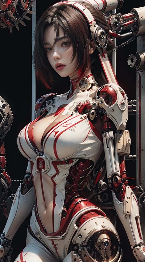 Highest quality, outstanding detail, super high resolution, (fidelity: 1.4), best illustration, favor details, close-up, a mecha girl with a delicate and beautiful face, ((red and white semi-mechanical body: 1.8)), (big breast: 1.2), sexy, belly button, cleavage, riding on a motorcycle, cyberpunk, futuristic, mechanical aesthetics, complex machinery, background is a high-tech lighting scene of the futuristic city, virtual engine 5, perfect detail rendering, octane rendering, ultra HD