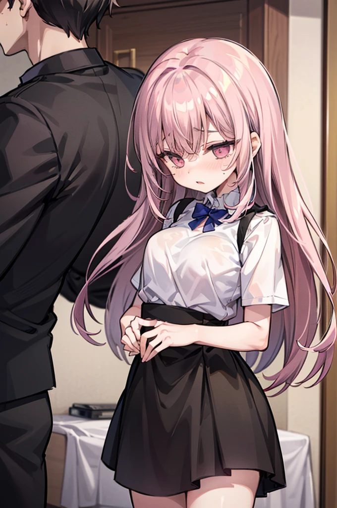 masutepiece, Best Quality,Illustration, Wallpaper, Ultra Detail,  Lori、(((molesting)))、Detailed eyes, Complex hairstyle、drooing eyes、((fear:1.5))、(Teary-eyed:1.5)、(((Cute pink underwear)))、(blazers、Kilted skirt)、ample breasts、((Morester))、((Girl being taken off her skirt by a man))