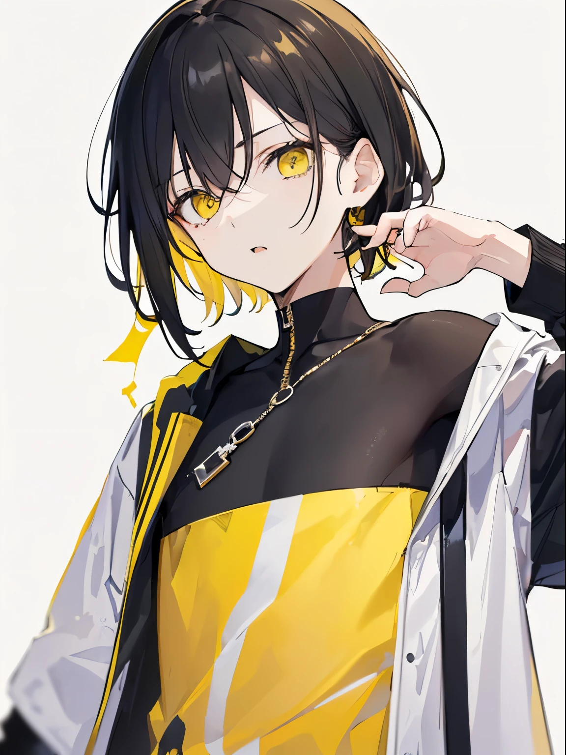 (((エロ))), ((face only)),((Stylish atmosphere)), ((Best Quality)), ((masutepiece)), ((Perfect face))), ((cool expression)), ((A dark-haired)), ((Yellow inner color)), ((cute face)), ((black, yellow is the image color)),  (only one person)),  ((twinks)), ((Calm)), ((bangss)), ((simple)), ((one boy)), ((looking at the camera), ((Fashionable clothes)), ((front))