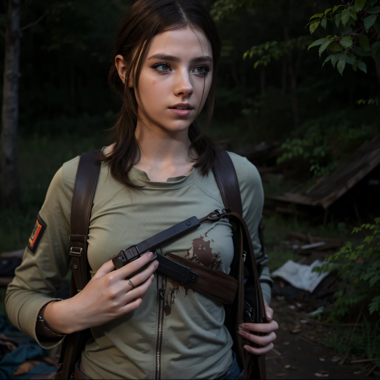 1 Mulher 25 anos, cabelo preto , longo amarrado, olhos azuis, com mochila cargueira cor verde, moletom marrom, With rifle in hand, Forest destroyed, sangrando , mascara de gas, Hyper realistic cinematic lighting super details skin texture , survival, destruction, 8k, Ultra HD | | | | |, (Post-apoc, Post-apoc_character)