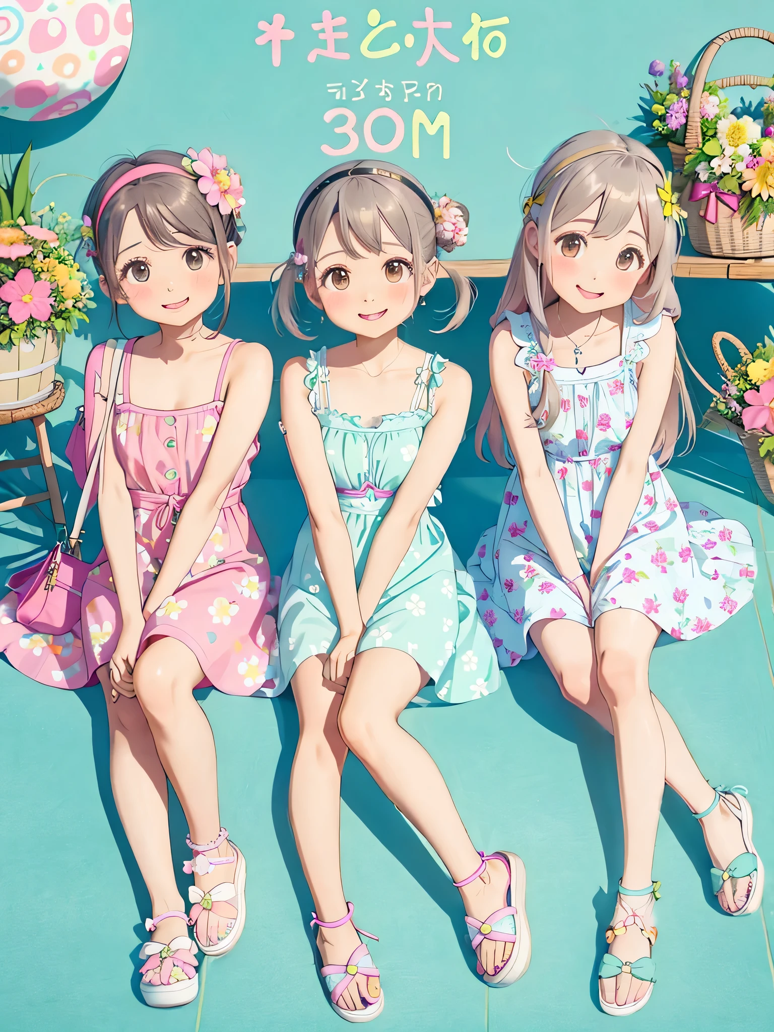 Detailed background、top-quality、3 beautiful women in 30 generations、Cute hairstyle、huge-breasted、Smiling、Fresh one-piece style、Choose a dress with a floral or pastel color、Match your feet with flat sandals or sneakers、Add accents with a basket bag or headband、By incorporating bright colors and patterns like spring、Creates a gorgeous and cute impression