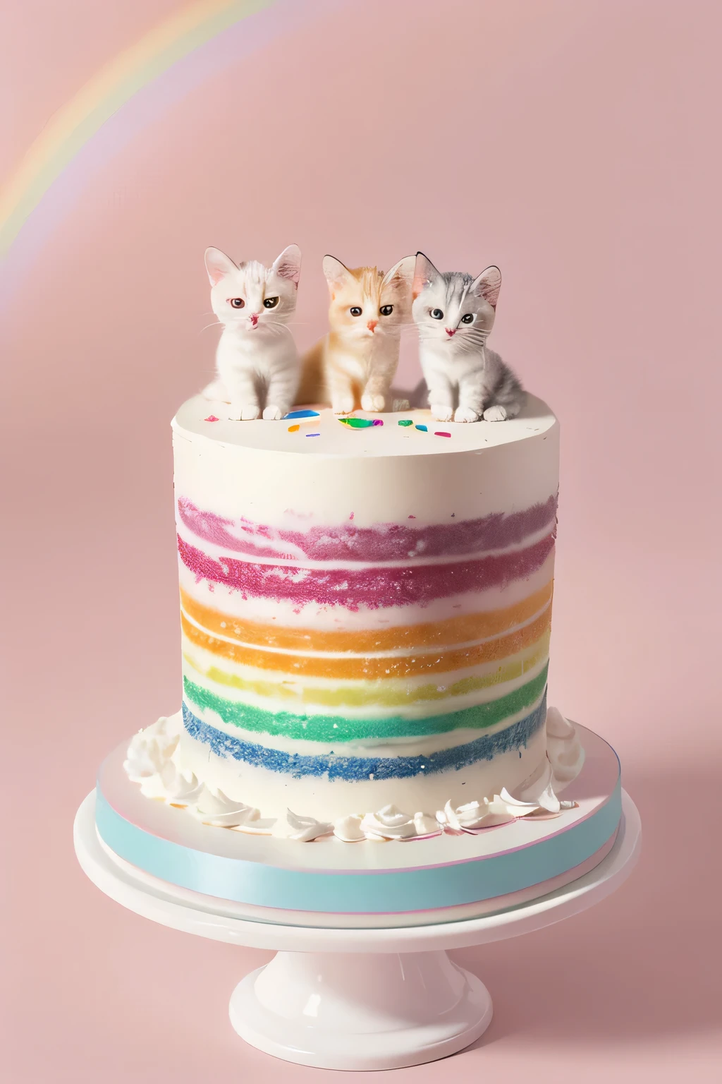 Creative poster,creative creative creative,a rainbow cake, Rainbow flowers, Rainbow flowers, rainbow bloom, sugar crystals, creamy, Sweet, indulgent, Rainbow whipped cream, pastel rainbow icing, Three white kittens grew out of the cake,Cute look,with a round face,grows inside the cake,decadent, (tmasterpiece:1.1), (Best quality:1.1), (HighDynamicRange:1.0), (ultra-detailed), Decorative style, dripping rainbow drizzle, Rainbow flash, photore, detailed, actual, 8k ultra high definition, high high quality, 原始photore, professional colorgraded, in pastel shades, There is no contrast, Focus Clear, Scavenging, epic richness,Three white kittens grew out of the cake,Cute look,with a round face,grows inside the cake,single floor蛋糕,single floor。three white kittens,coloured background,Rainbow colored background,University teacher'don't want anyone, University teacher'don't want anyone