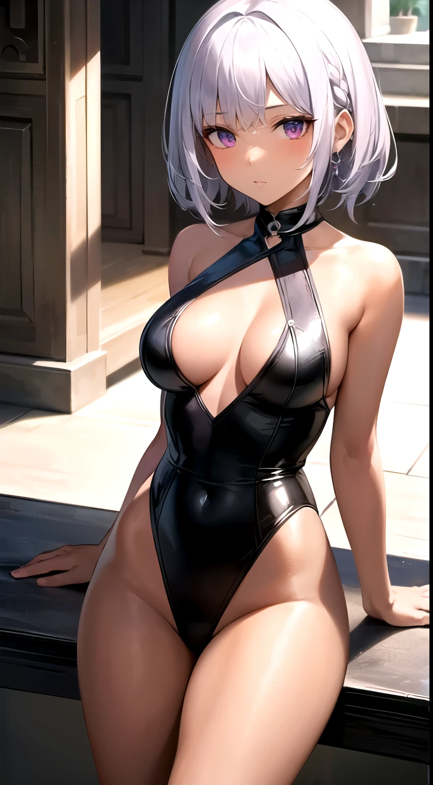 ((masterpiece)), 1girl,silver hair,dark skin,purple hair