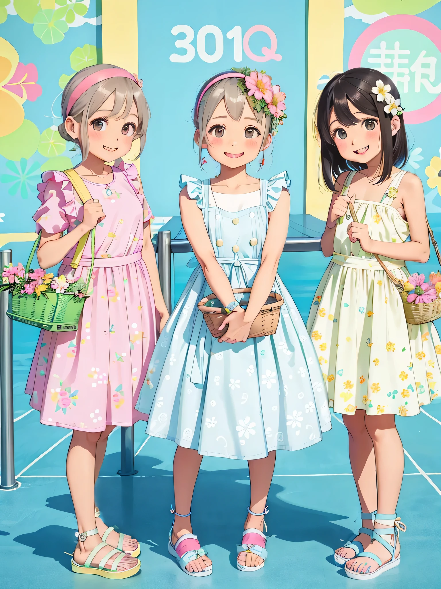Detailed background、top-quality、3 beautiful women in 30 generations、Cute hairstyle、huge-breasted、Smiling、Fresh one-piece style、Choose a dress with a floral or pastel color、Match your feet with flat sandals or sneakers、Add accents with a basket bag or headband、By incorporating bright colors and patterns like spring、Creates a gorgeous and cute impression