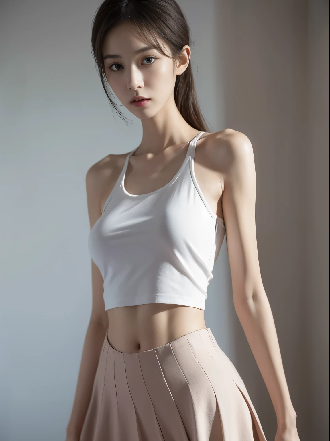 (Photorealistic),(Masterpiece),(ultra-detailed),a entire body shot of very beautiful and tall but so delicate and weak and thin and fragile because she hasn’t eaten for a month,wearing a sweat crop tank top and a loose skirt ,have absolutely no fat or muscles, quite tall but very small and feeble and fragile body frame,enduring extreme hunger,big eyes and very small face,about to faint but resisting