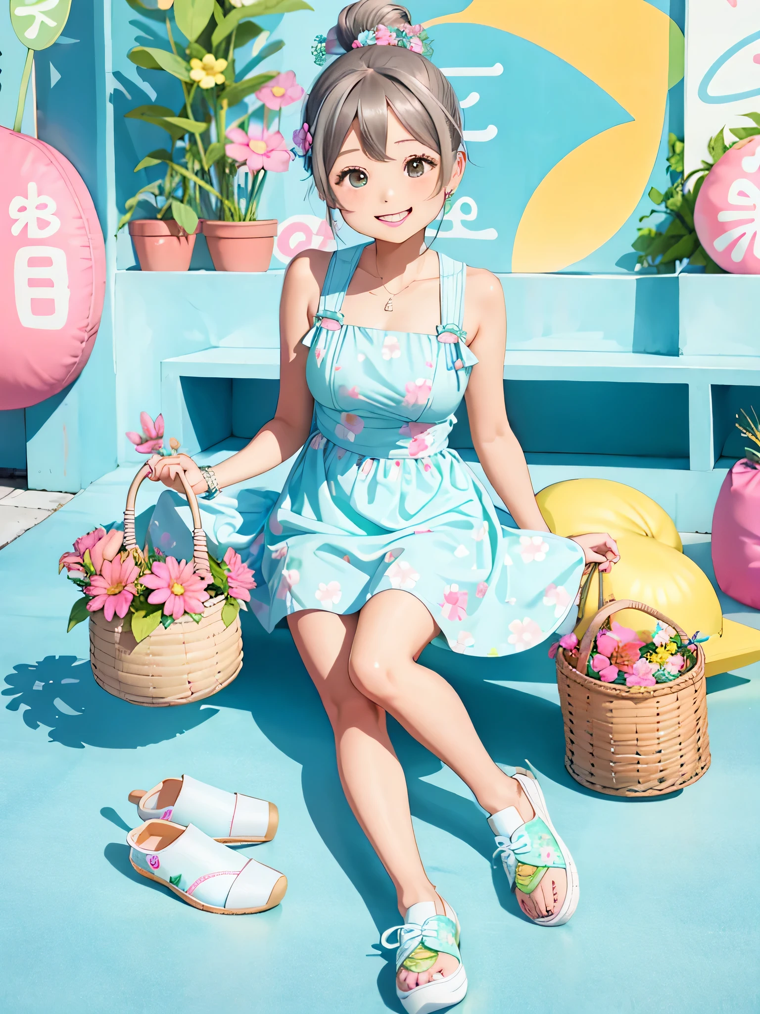 Detailed background、top-quality、beautiful women in their 30s、Cute hairstyle、huge-breasted、Smiling、Fresh one-piece style、Choose a dress with a floral or pastel color、Match your feet with flat sandals or sneakers、Add accents with a basket bag or headband、By incorporating bright colors and patterns like spring、Creates a gorgeous and cute impression