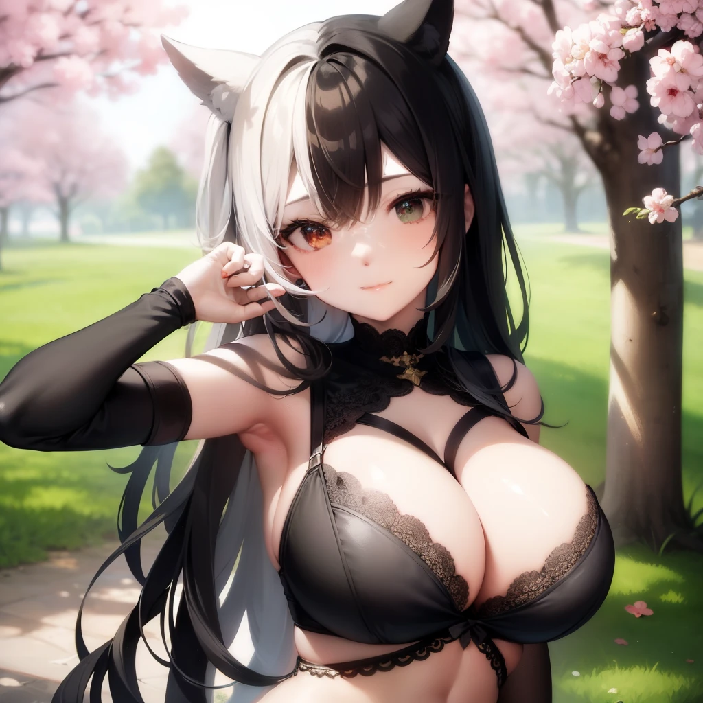 masterpiece, best quality, highly detailed,1girl, covering mouth, shy smile, big breasts, , split-color hair, black and green hair, sakura trees, hair over eye, pose, mesh bra, side swept pixie