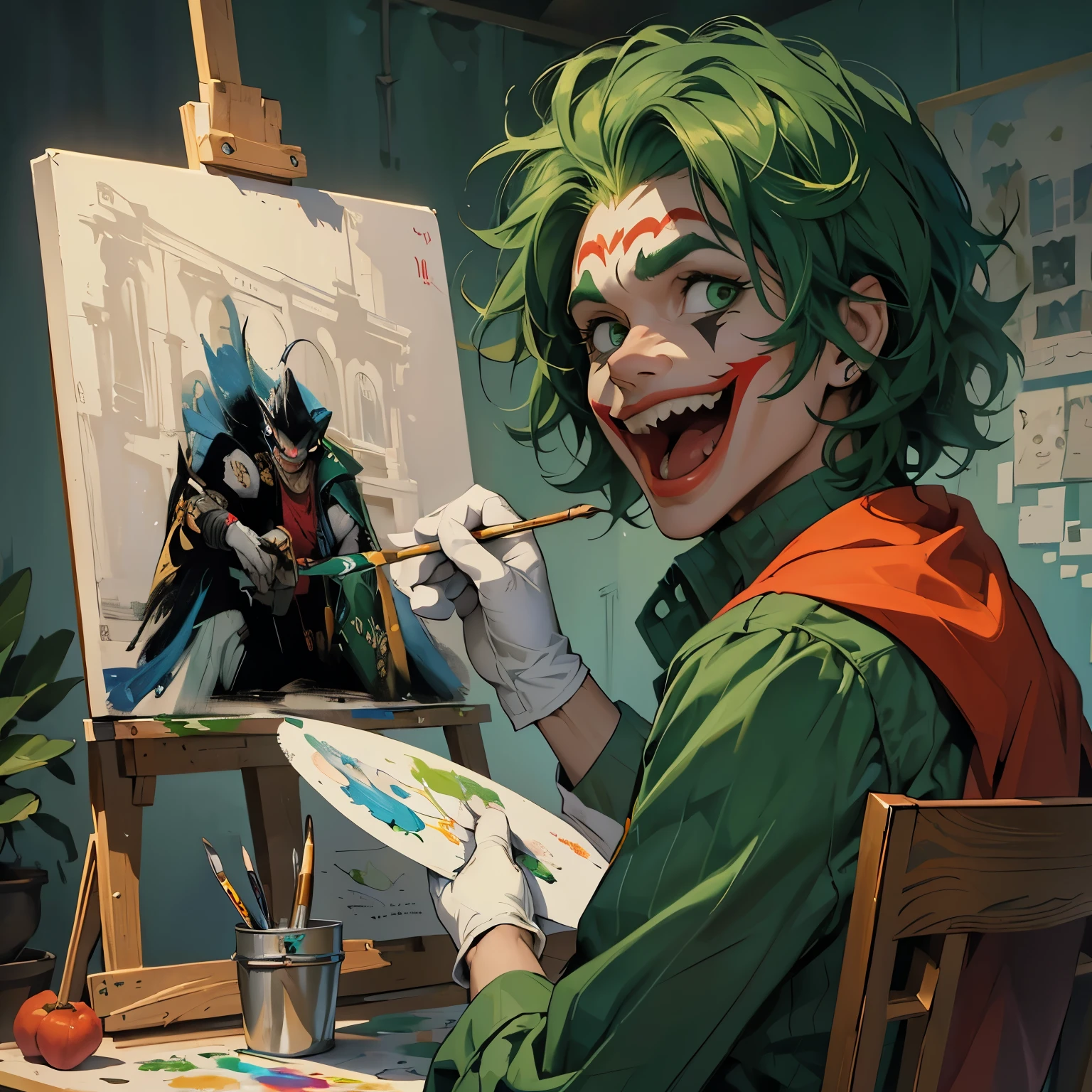 (((best quality)), ((masterpiece)), (detailed),illustration, HD), joker making a painting on a canvas, wearing big green afro wig, eyes filled with excitement, laughing madly, wearing white gloves, painting of batman holding robin in arms