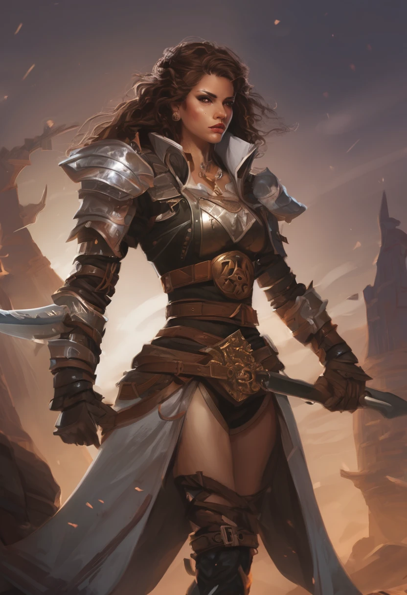 A white paladin girl, black, dark brown eyes, silver earrings, silver tattoos on both arms, one leg and chest, dhe has a bronze/copper neclace, she wears fur gloves, fur boots, leather sskirt, a iron chestplate with a leather long sleeve t shirt, she has a 1 handed warhammer in her right hand, a shield on her back, a belt holding 2 throwing knives