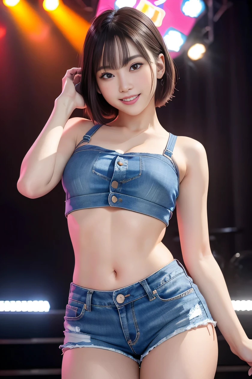 The beauty of 8K raw photos:2.0, short-hair, great face and dark eyes, stares at the camera, A smile:1.6, show teeth, Spreading hands, Pole dancing, dynamicposes, Vibrant poses,(crop top and denim shorts:1.2)、Wear sneakers:1.4, Photorealsitic:1.9, extremely detailed CG unified 8k wallpaper, Highly detailed, High-definition raw color photos, professional photograpy,face forwards,shot on stage, sexy portrait of girl