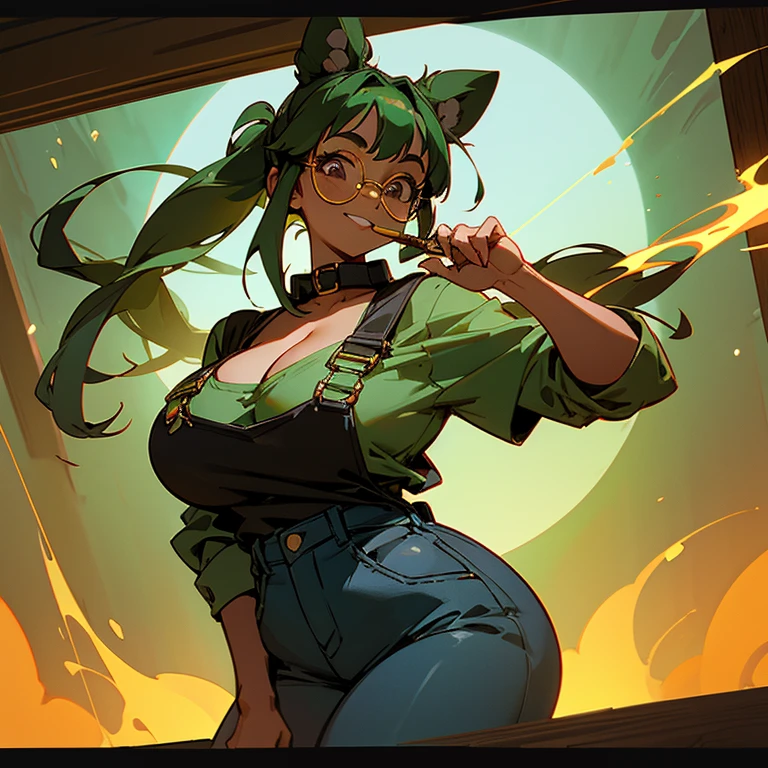 Dark Brown skin tanuki girl, dark brown skin, grey eyes, green long hair, green space buns, curly green hair, 25 years old, chubby, curvy, fat, big butt, big breast, standing seductively in aquarium , girl, gold circle glasses , facing camera, explicit, black overalls, denim overalls, flannel, collar on neck , grinning, cleavage showing, holding lit joint, lit cigar in hand, smoking, vfx, high def, best quality, high angle, atmospheric lighting, girly boy,