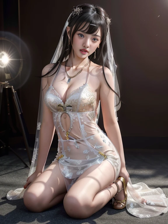 best quality, masterpiece, highres, 1girl, see-through china wedding dress, hair ornament, necklace, jewelry, Beautiful face,full body, photorealistic, dark studio, rim lighting, two tone lighting, (high detailed skin:1.2), 8k uhd, dslr, soft lighting, high quality, volumetric lighting, candid, Photograph, high resolution,