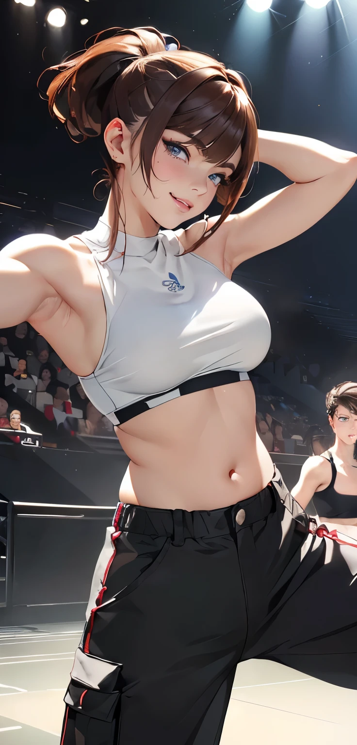 (in 8K、ighly detailed、hight resolution, (High dynamic range)、电影灯光,(Hyper-detailing、finedetail)、(realistic skin textures, Photorealsiticです))、((A detailed face,Round facial contours,Beautiful face,Detailed beautiful eyes, Beautiful eyelashes, Blue eyes, Almond Eye、perfecteyes))、 Red-brown hair、poneyTail、asymmetrical bangs、Medium Hair(hi-top fade:1.3),Beautiful and perfect body、美a personで少し胸が大きい、Large crowd、Breakdance live venue stage、live screen monitor、Huge speakers on stage,Color Luminescent Mixer、randome pose、low angles、(realistic skin textures, Photorealsitic))、((A detailed face,Round facial contours: 1.4,Beautiful face,Gorgeous plump beauty and perfect body、Beautiful body with abdomen and perfect balance)、espadrilles、Cargo pants、sports bra full body shot、独奏、1a person、Beautuful Women、(realistic skin textures, Photorealsitic))、dynamic and intense movement、Dancing hard、dance、wristbands、Cargo pants、ssmile、Look at viewers、Laughing、teeth showing、ssmile、(Five beautiful fingers、detailed arms、詳細なa person間の手)