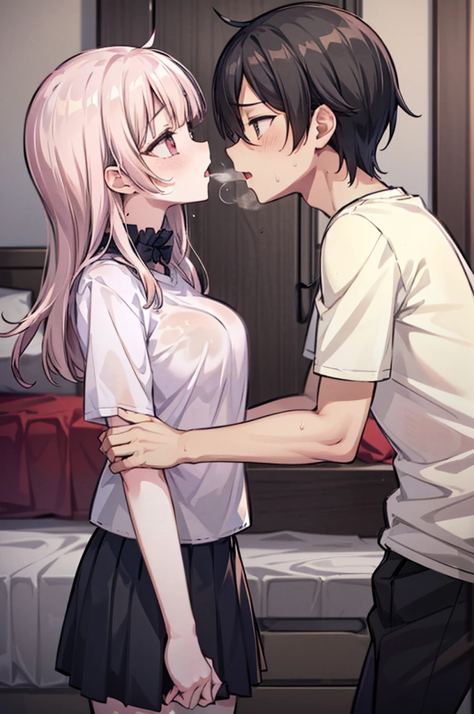 Perfect human body、1 boy,1 girl、A couple、heterosexuality、 NSFW, ((actual, Bedrooms)), (very highly detailed background), (((Stand next to the girl、Guy kisses girl,Man's hand lifts girl's skirt))), Oversized white T-shirt、mini-skirts、鎖骨,Oversized chest, Convex milk,((woman with fever)), ((perspiring,steamy,Upper grades))), 、mini-skirts、((The expression of coloce flushed), 大男子气概的男人Stand next to the girl、looking at viewert,