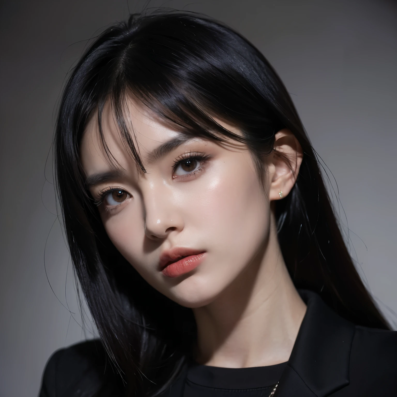 (8k, foto RAW, melhor qualidade, obra-prima: 1.2), (realista, fotorrealista: 1.37), An alpha woman, black outfit, black hair, dominant gaze, . Serious look, blazer, dominant, stare at the camera, Focus her eyes well. Dark makeup, white skin. black hair, bangs. hot mommy.
