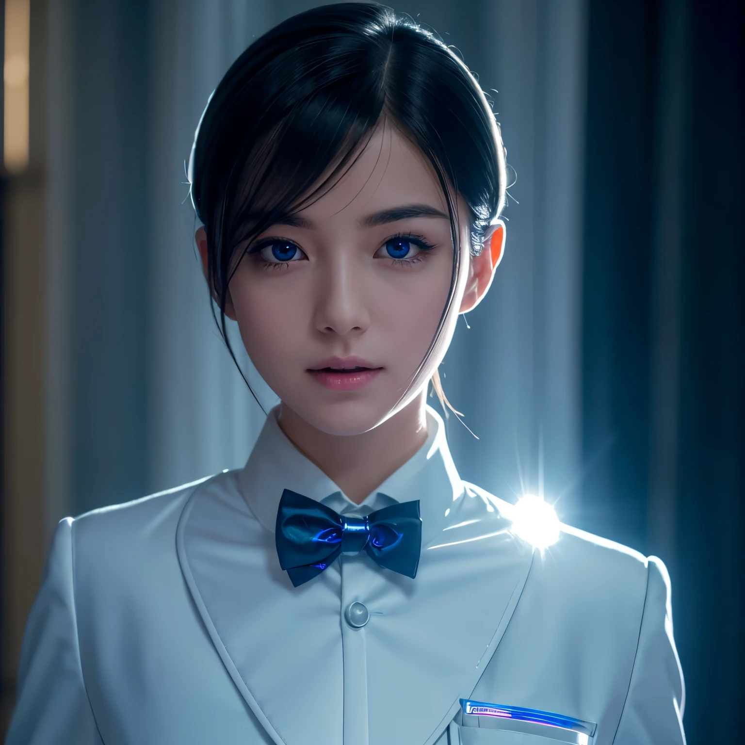 (wearing butler uniform:1.2), finest image, 8k, RAW photo, realistic, detailed, delicate, flashy and dynamic depiction, robot, streamlined, iridescent white shiny body, one blue sparkling eye