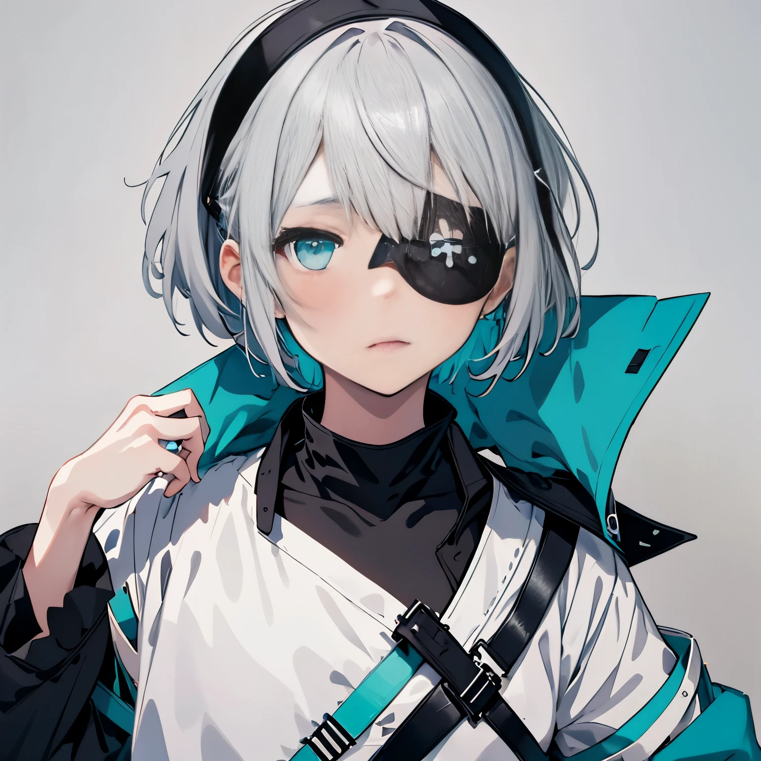 【Highest Quality, masutepiece】 [1 girl, (left eye black eyepatch:1.3) ,Manteau, expressioness, front facing,(right turquoise eye:1.3), White hair, short cut hair,oversize jacket, Upper body,]  (Gray white background:1.5),