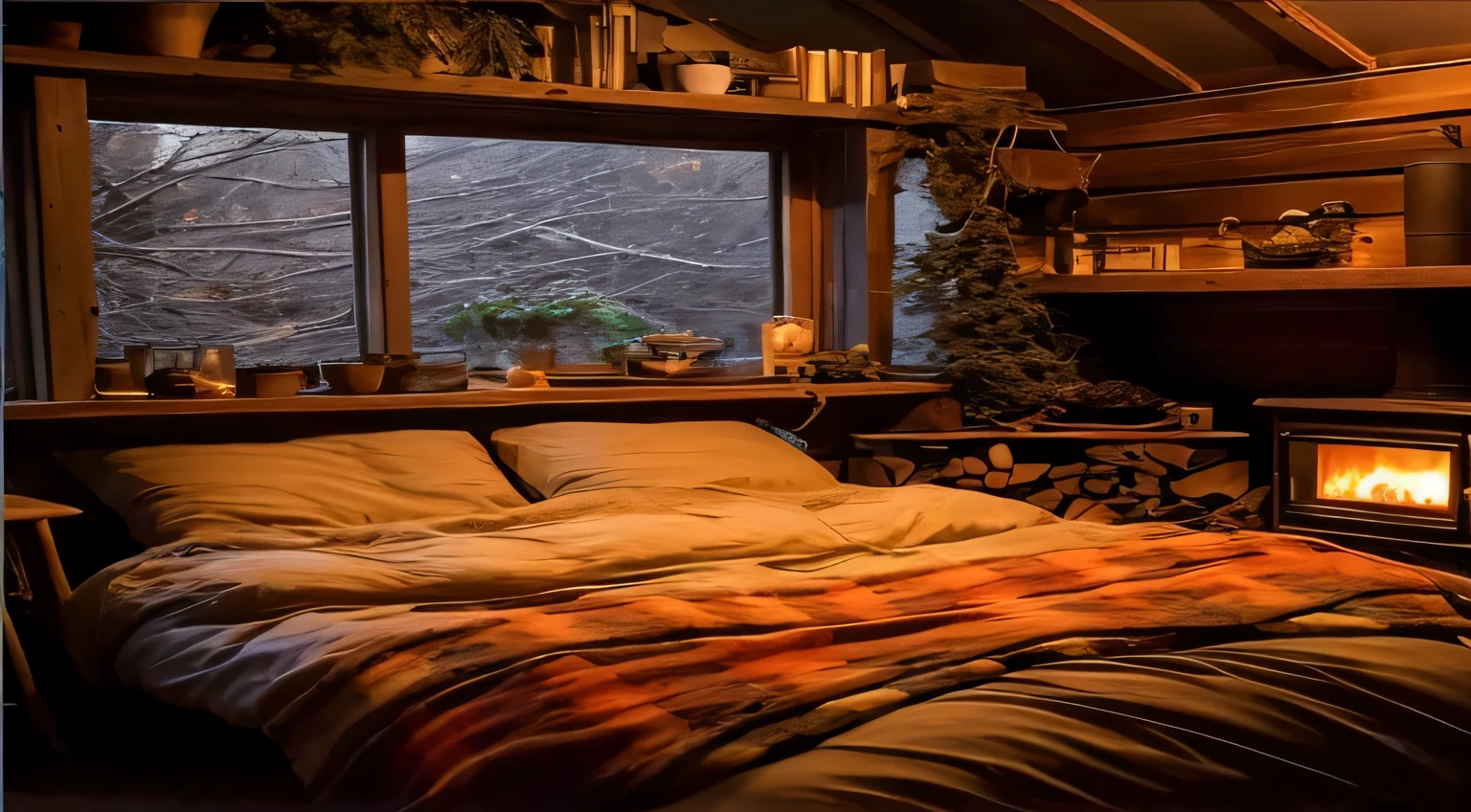 there is a bed with a blanket and a fire place in the corner, cozy place, cozy room, cozy environment, cozy atmospheric, cozy and calm, cozy bed, cozy setting, cozy and peaceful atmosphere, very cozy, cozy wallpaper, cozy atmosphere, cozy aesthetic, cosy atmoshpere, cosy vibes, pleasant cozy atmosphere, cosy enchanted scene, warm interior