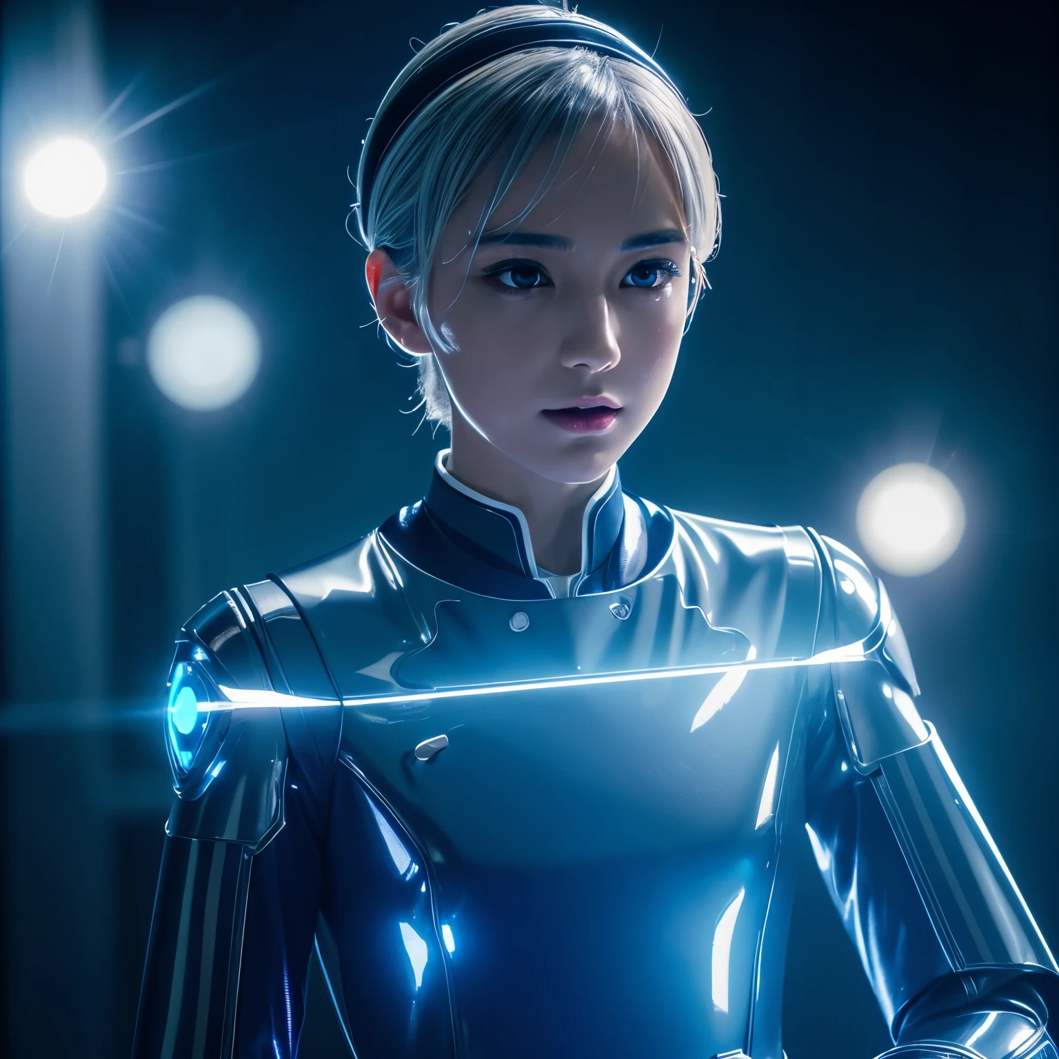 (wearing butler uniform:1.2), finest image, 8k, RAW photo, realistic, detailed, delicate, flashy and dynamic depiction, robot, streamlined, iridescent white shiny body, one blue sparkling eye