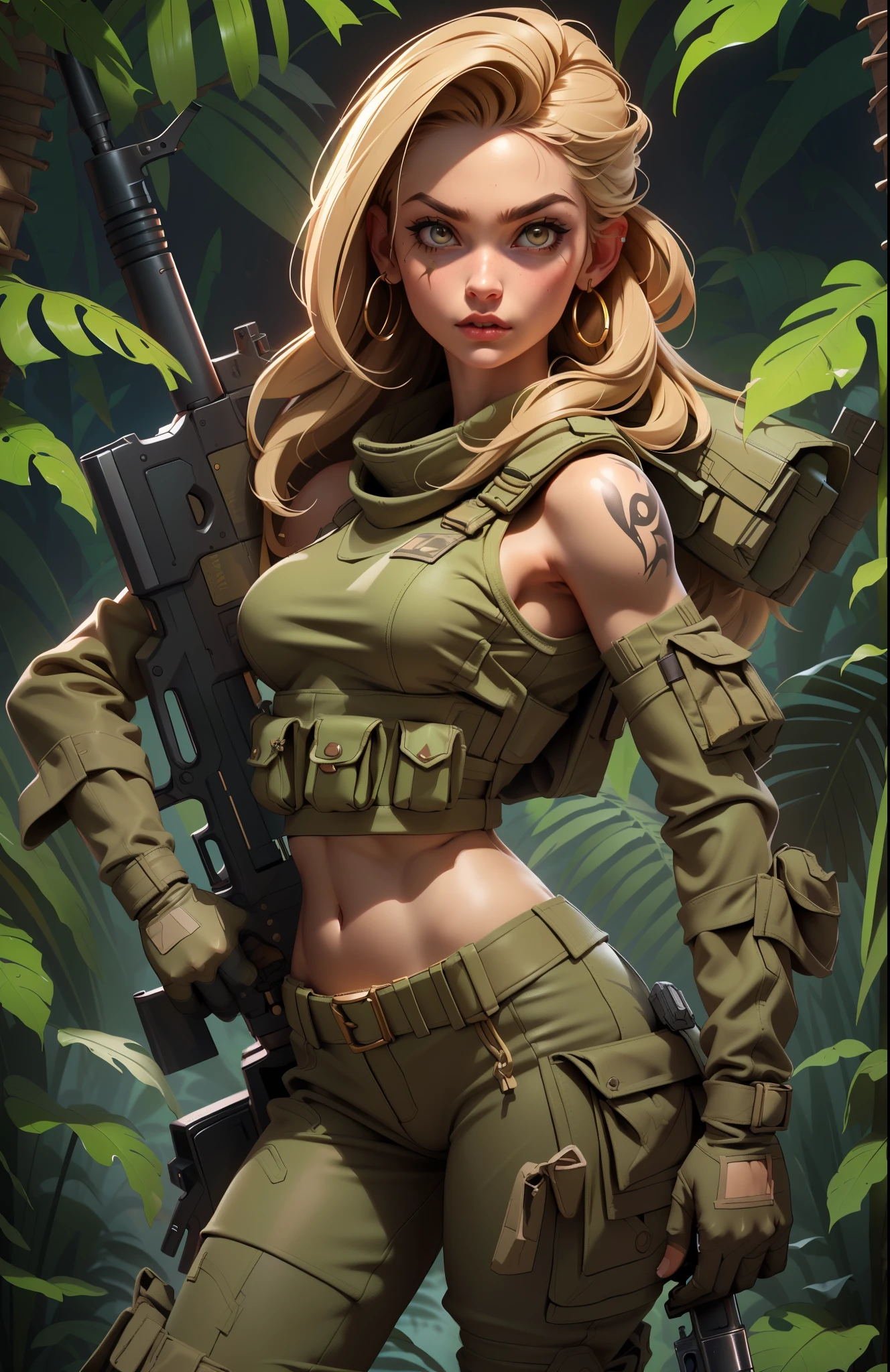 Gorgeous and fearless female soldier, fit body, military croptop, bare shoulders, dark blond hair, tattoo arm, holding big gun, running, jungle background, full detail face,  killing eyes, high detail, realistic, photo quality, high quality,  (photorealistic:1.6), highly detailed, masterpiece, High-quality shadow, jungle