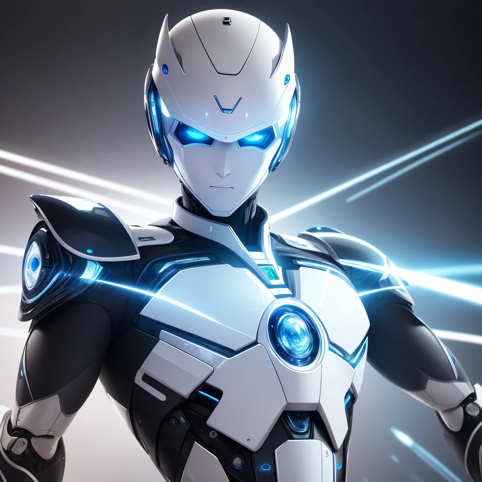 finest image, 8k, RAW photo, realistic, detailed, delicate, flashy and dynamic depiction, robot, streamlined, iridescent white shiny body, one blue sparkling eye, (wearing butler uniform:1.2)