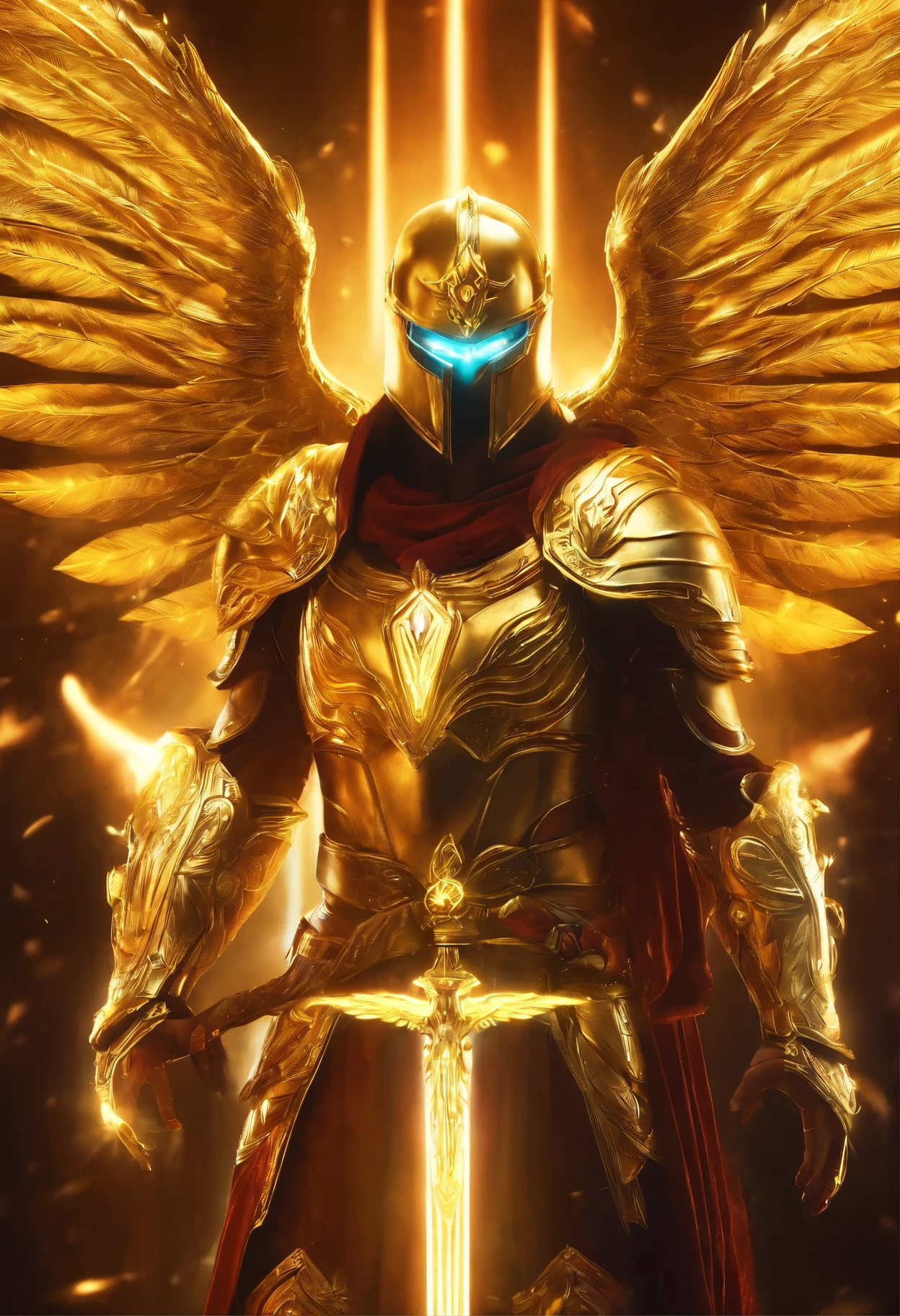 holy paladin, glowing light eyes, glowing golden wingiomechanicals, The colors are very vivid, Light particles, Glowing light, Mshiv, wallpaper art, ultra HD wallpaper