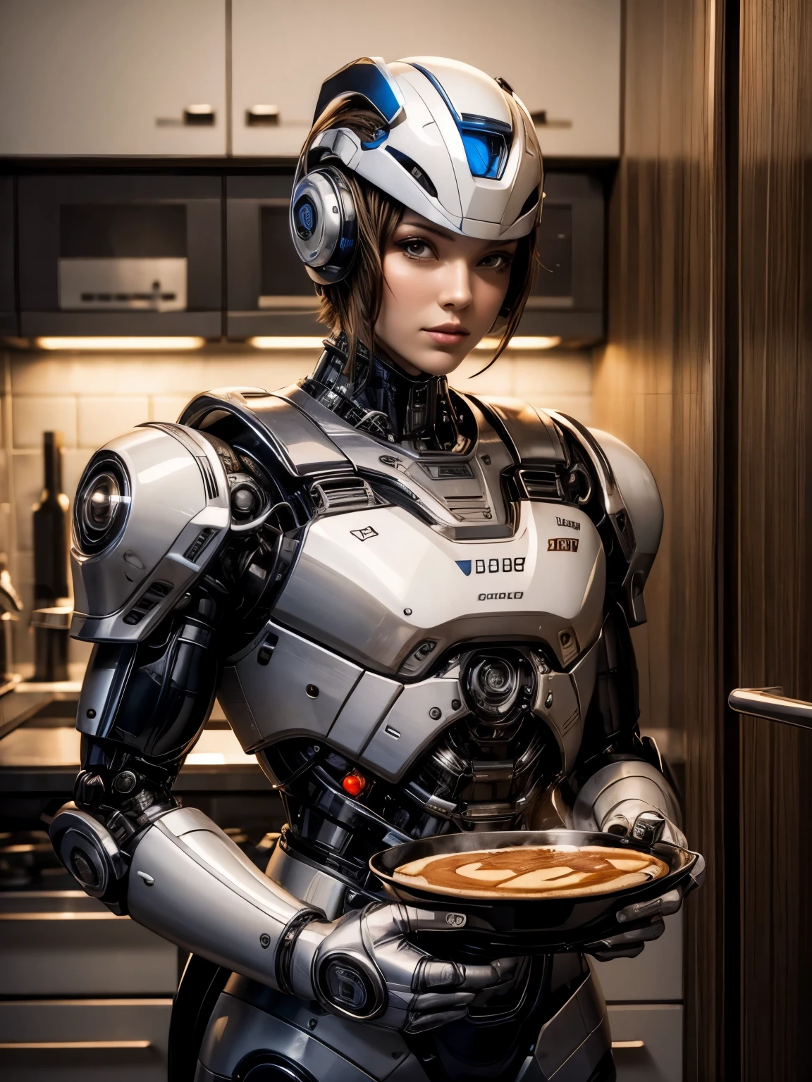 t masterpiece, Best quality at best,a cute assaultron pancakes in the kitchen for breakfast,(Robot butler),Luxury kitchen,high - tech,