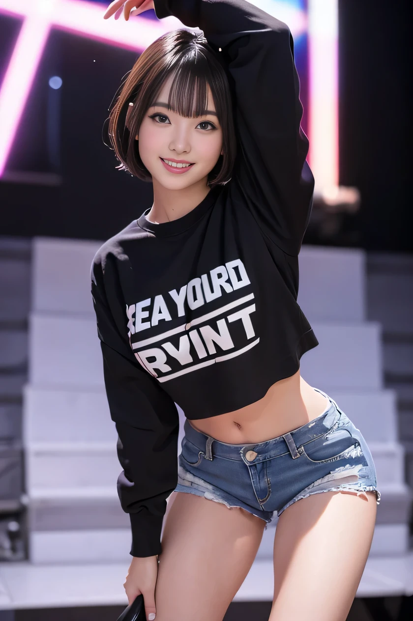 The beauty of 8K raw photos:2.0, short-hair, great face and dark eyes, stares at the camera, A smile:1.6, show teeth, Spreading hands, Pole dancing, dynamicposes, Vibrant poses,（crop top and denim shorts:1.2)、Wear sneakers:1.4, Photorealsitic:1.9, extremely detailed CG unified 8k wallpaper, Highly detailed, High-definition raw color photos, professional photograpy,face forwards,shot on stage, sexy portrait of girl