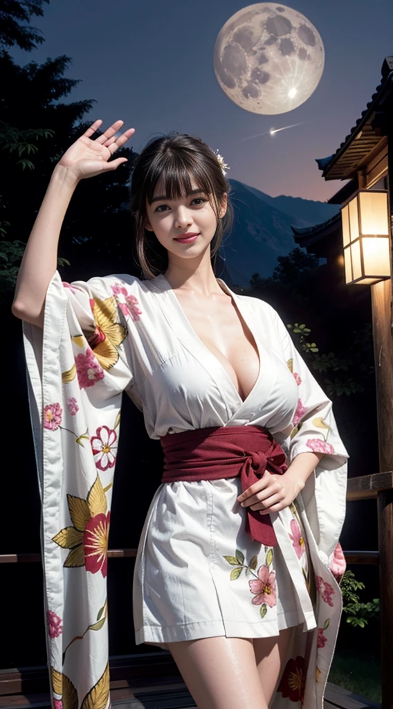photorealistic portrait, high-res, soft lights, 1woman, bara, Hip up, gleaming skin, (detailed face), Straight brunette hair, blunt bangs,moon, lamp,spring, bara, gigantic breasts, Big cleavage, Hair ornaments, wet, kimono, Japanese clothes, walk, hair floral, floral, outdoor, sky,at night, full moon,Short white yukata,light smile,Visible nipples, long beautiful legs
