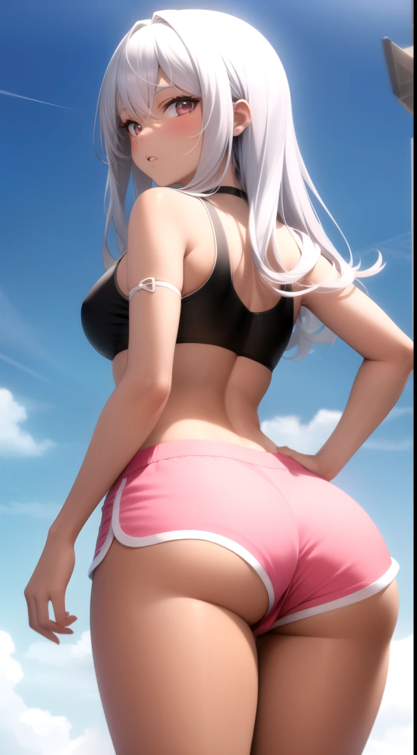1girl,silver hair,((dark skin)),purple hair, dolphin shorts, pink shorts, looking back, ass, pantyshot,, masterpiece, best quality, highly detailed