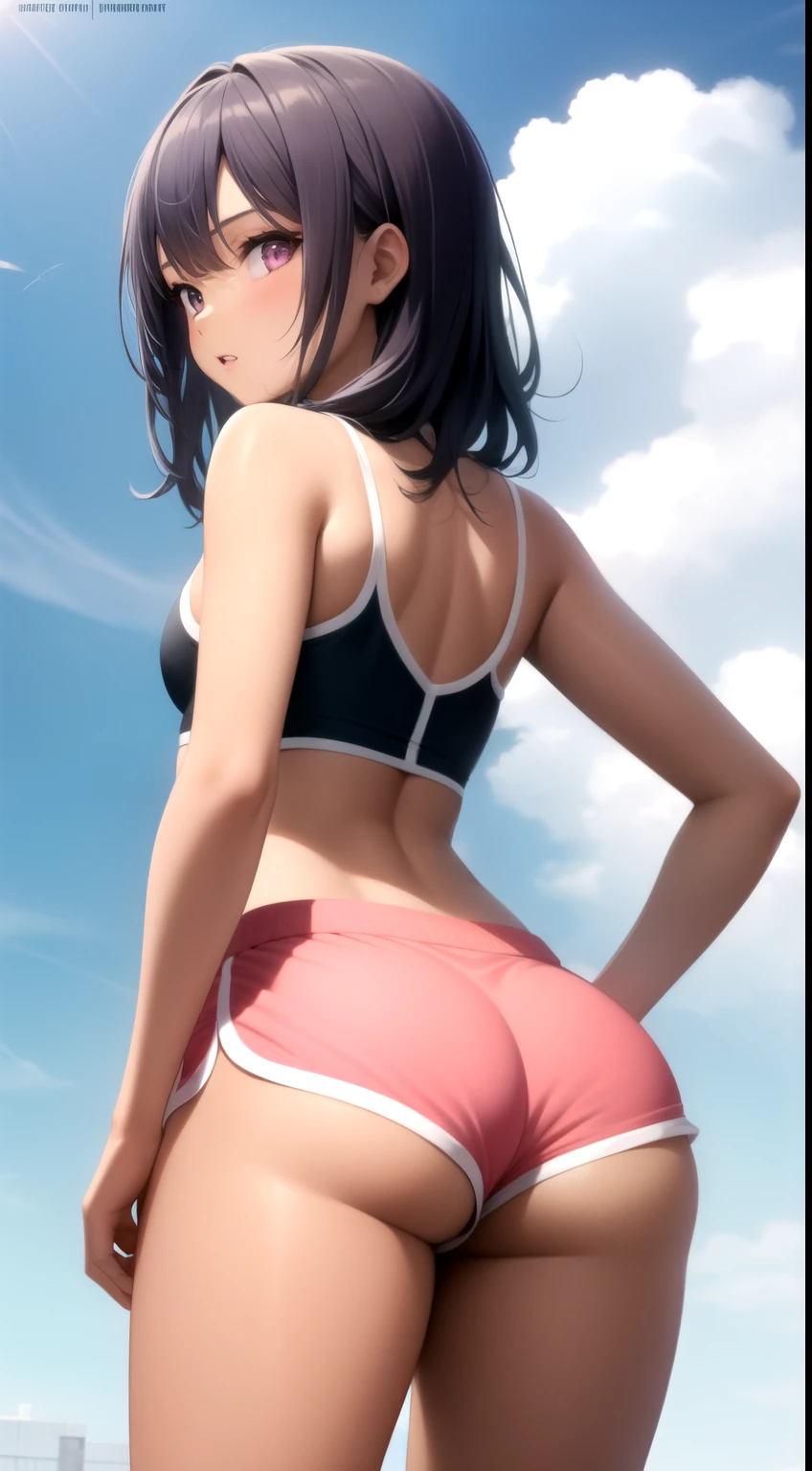 1girl,silver hair,((dark skin)),purple hair, dolphin shorts, pink shorts, looking back, ass, pantyshot,, masterpiece, best quality, highly detailed
