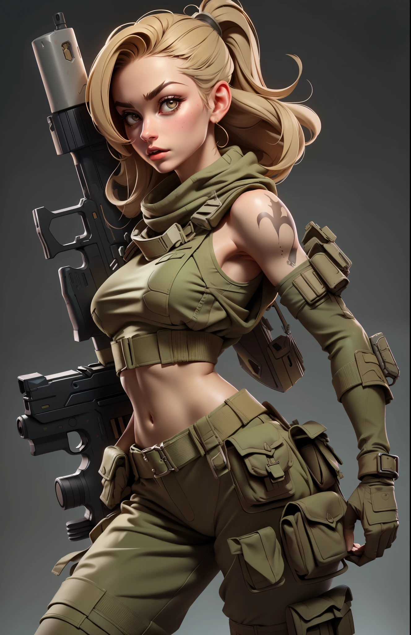 Gorgeous and fearless female soldier, fit body, military croptop, bare shoulders, dark blond hair, tattoo arm, holding big gun, running, jungle background, full detail face, killing eyes, high detail, realistic, photo quality, high quality, (photorealistic:1.6), highly detailed, masterpiece, High-quality shadow, jungle