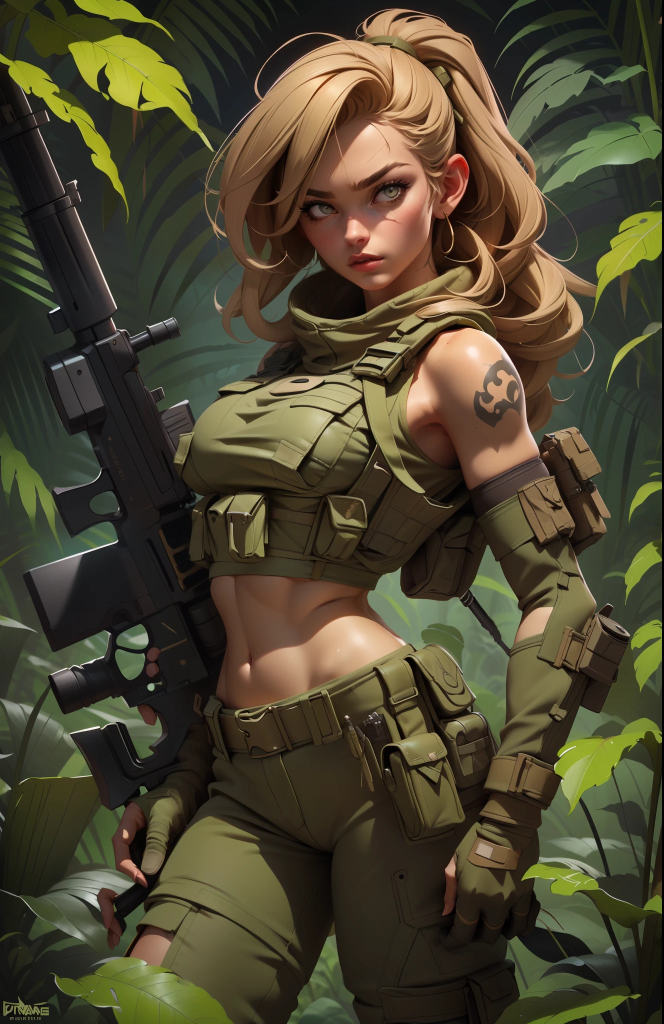 Gorgeous and fearless female soldier, fit body, military croptop, bare shoulders, dark blond hair, tattoo arm, holding big gun, running, jungle background, full detail face, killing eyes, high detail, realistic, photo quality, high quality, (photorealistic:1.6), highly detailed, masterpiece, High-quality shadow, jungle