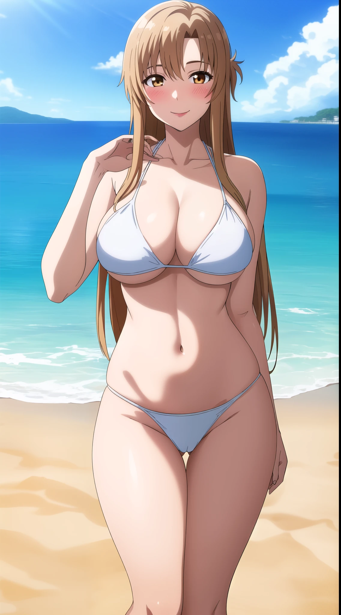 (best quality:1.5, highres, UHD, 4K, detailed lighting, shaders, perfect hand anatomy), asuna yuuki, light brown long hair, large breasts, thighs, crotch, white bikini, smiling, pov, blushing, beach background, standing