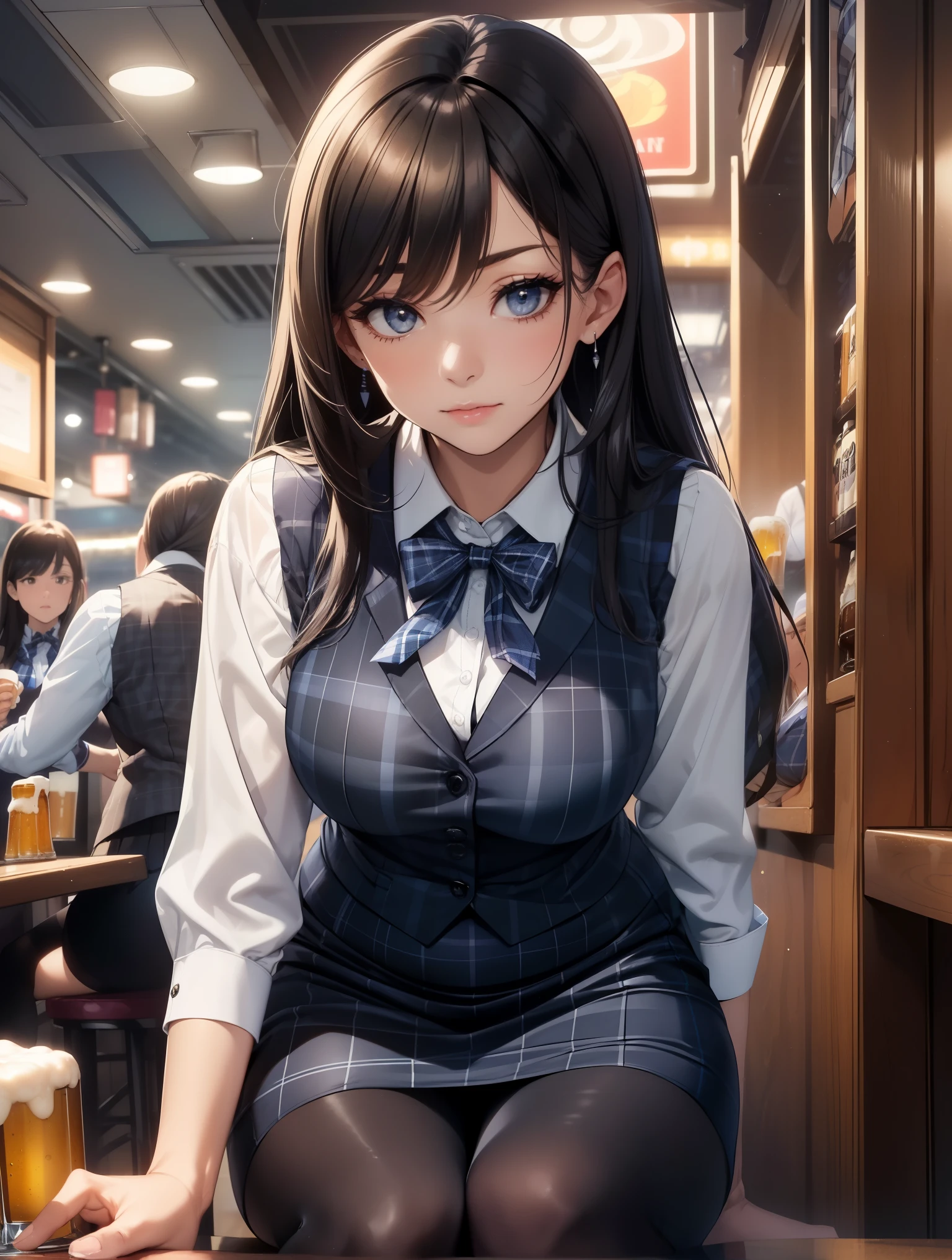 Best Quality, masutepiece, beautiful mature women、Beautiful face、Strong-minded woman、Officelady、(Officelady、navy blue plaid vest、Dark blue ribbon、White cutter shirt、Tight black pencil skirt、Black tights、high-heels:1.5)、(brown haired、Bangs are asymmetrical)、Longhaire、(((pub、Parti、big crowd:1.5)))、BREAK(beer:1.3)