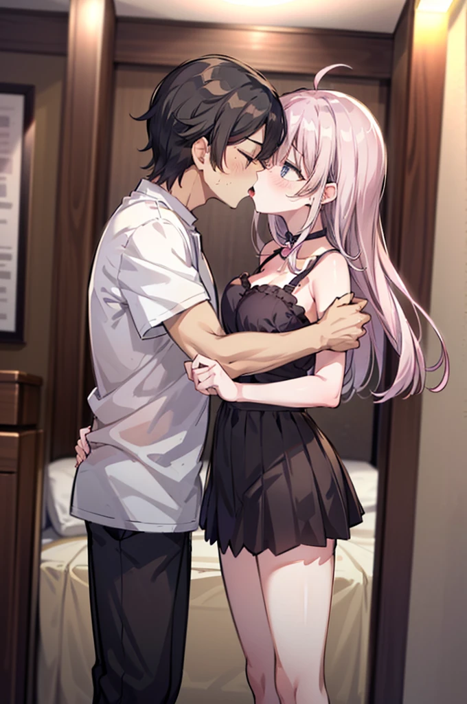 Perfect human body、1 mature man,1 girl、A father and daughter、heterosexuality、 NSFW, ((actual, Bedrooms)), (very highly detailed background), (((Stand next to the girl、Guy kisses girl、ing))), Oversized white T-shirt、mini-skirts、鎖骨,Oversized chest, Convex milk,((woman with fever)), ((perspiring,steamy,Upper grades))), 、mini-skirts、((The expression of coloce flushed), 大男子气概的男人Stand next to the girl、looking at viewert,