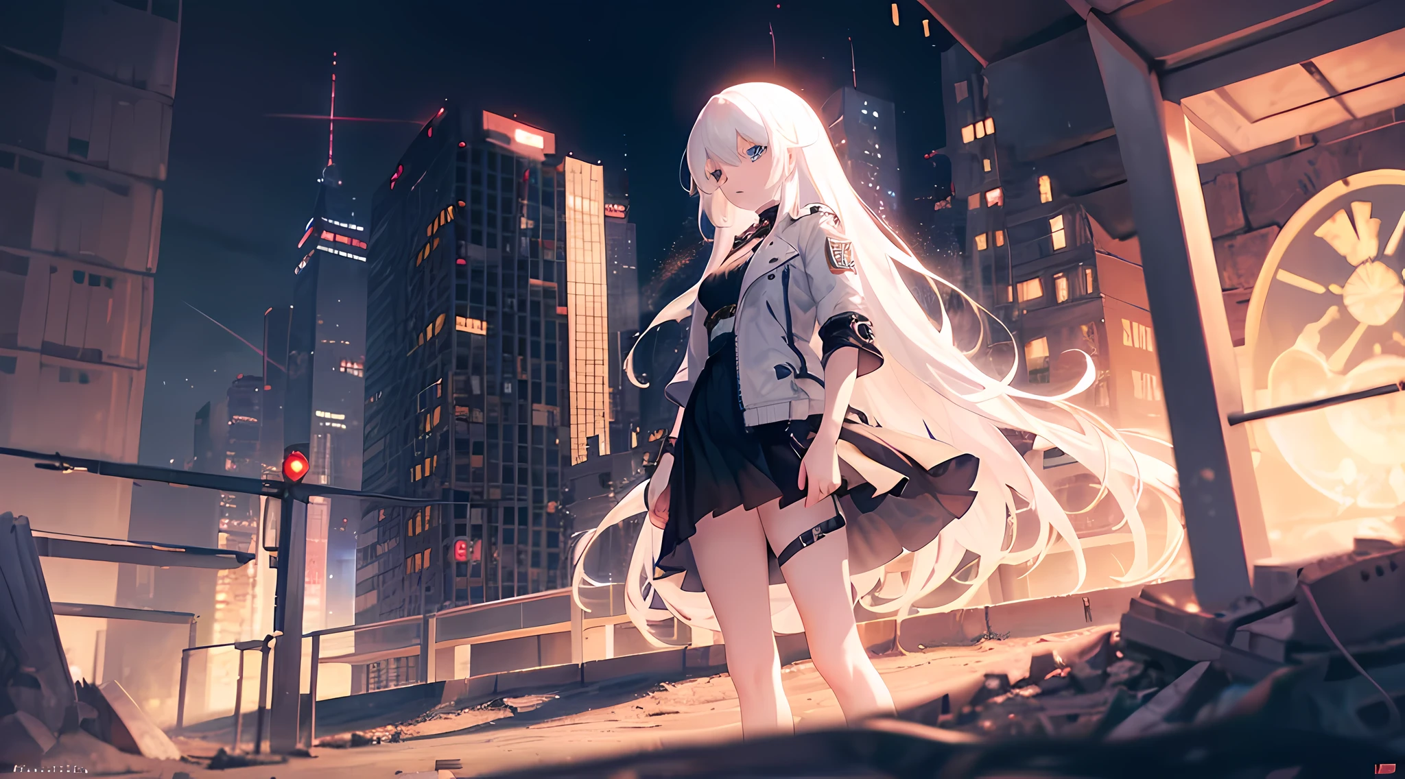Anime girl standing in front of a city at night - SeaArt AI