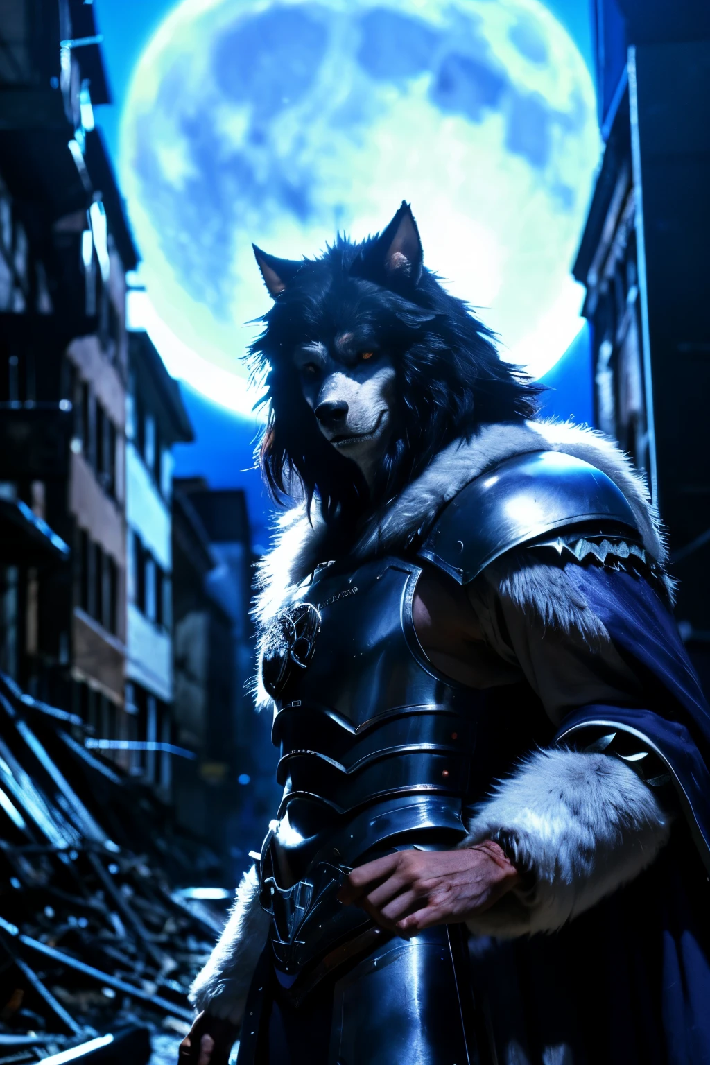 werewolf man,beast,beastman,Silver armor,blue cloak,A world that has collapsed