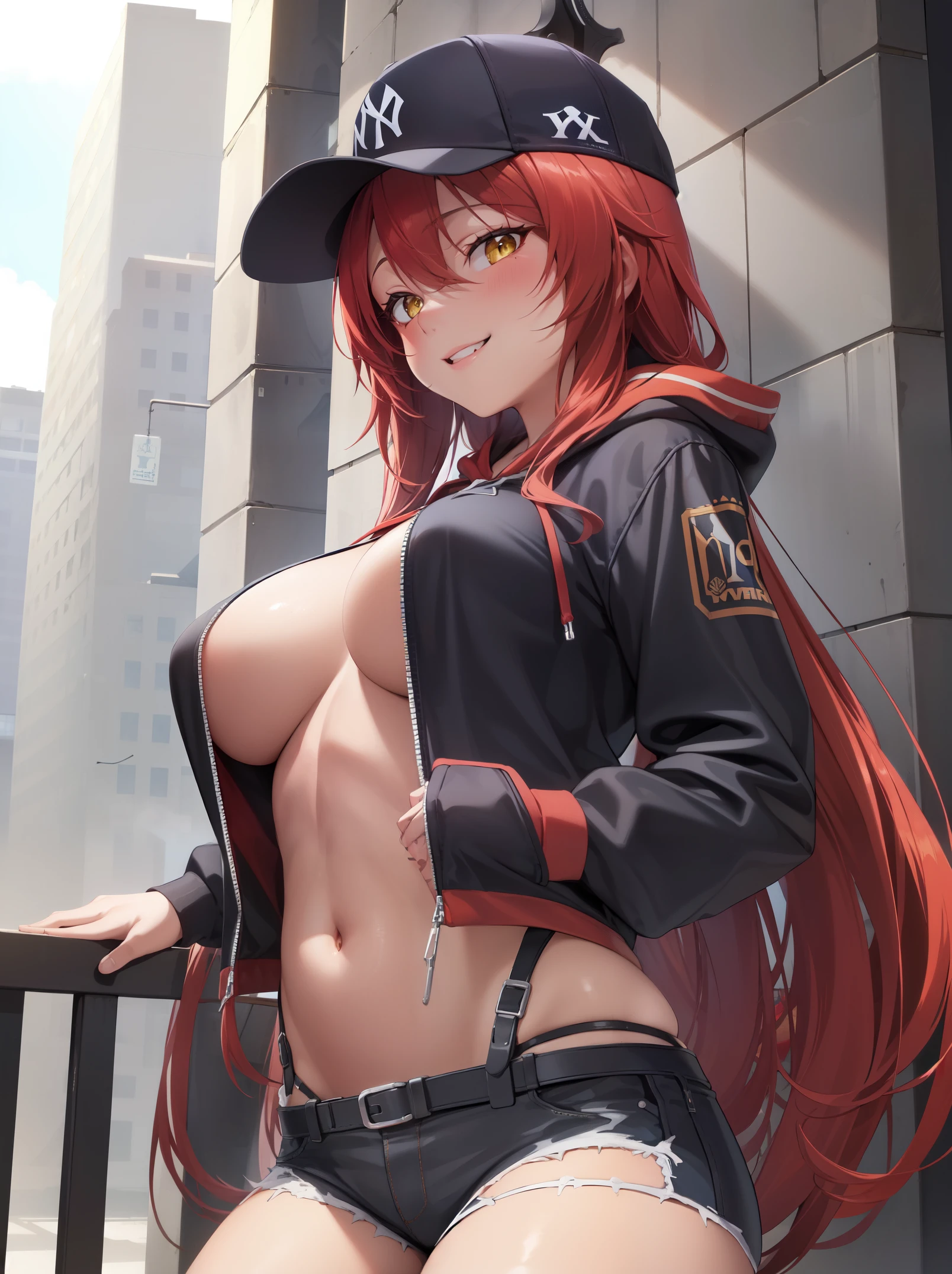 (masterpiece), best quality, intricate details, ultra details, ultra quality, rule of third, (looking at viewer), detailed face, detailed iris, glossy lips, 1girl, solo, long hair, yellow eyes, hair between eyes, red hair, (hair intakeangs, (top third shot), streetwear, hoodie, jean shorts, navel, modern city streets, smile, Yankees Strapback Cap,