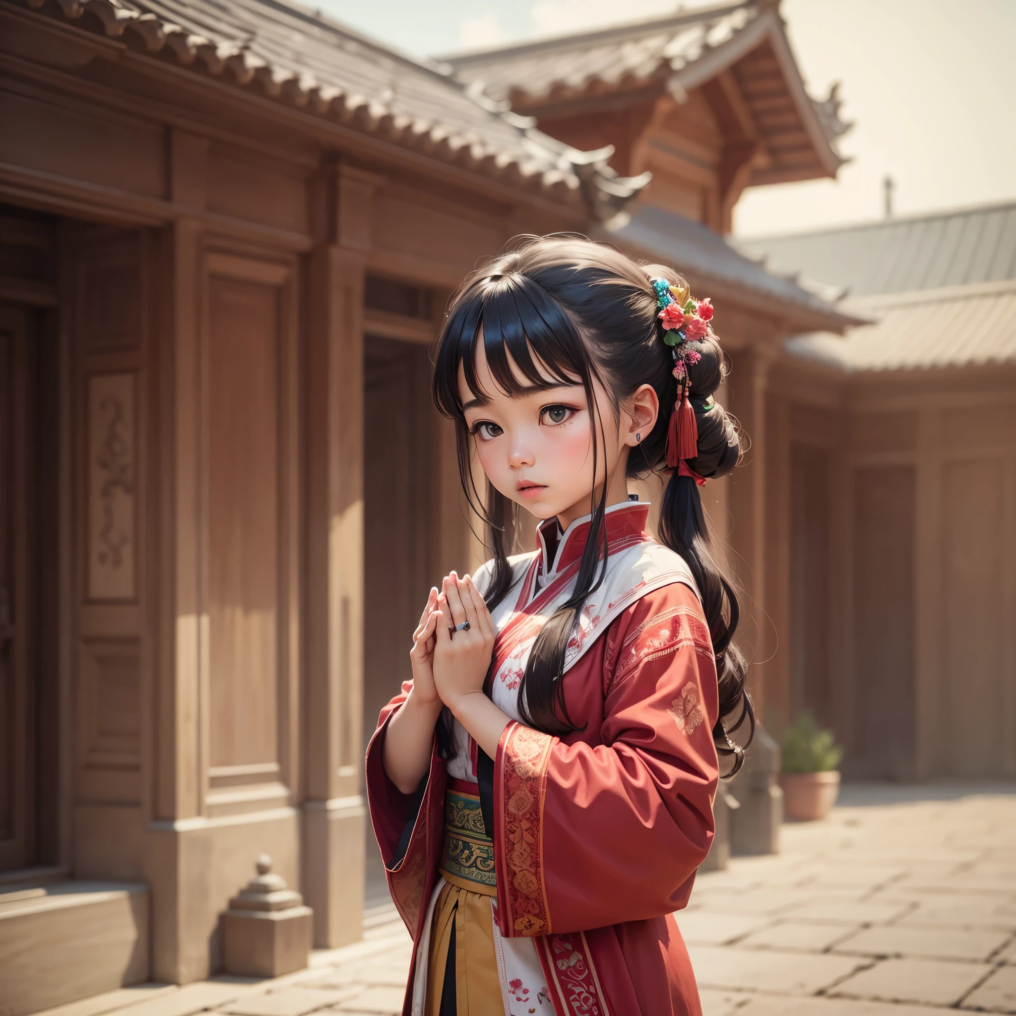 Next to a thatched house,Hanfu,A little girl of 3 years old,Round face,Wearing pink Hanfu,Smile,Wave goodbye