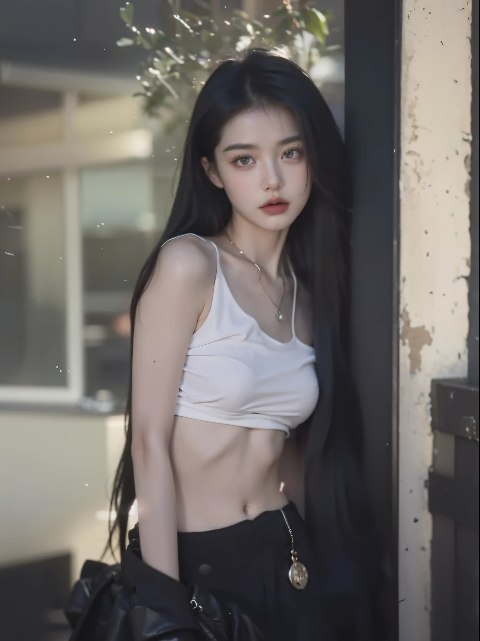 "A girl with black hair and brown eyes, Place your arms behind your back, stand near window. The sky outside is ominous, Reflecting a post-apocalyptic world. Her eyes are delicate and bright, attract the observer's attention. A faint halo surrounds her, Add a touch of mystery. Artwork is a masterpiece, Demonstrate the best quality and attention to detail. This scene evokes a feeling of loneliness, and girl leaning against window, lost in one's own thoughts. The atmosphere is full of despair and hope, Perfectly captured in this stunning visual piece."
