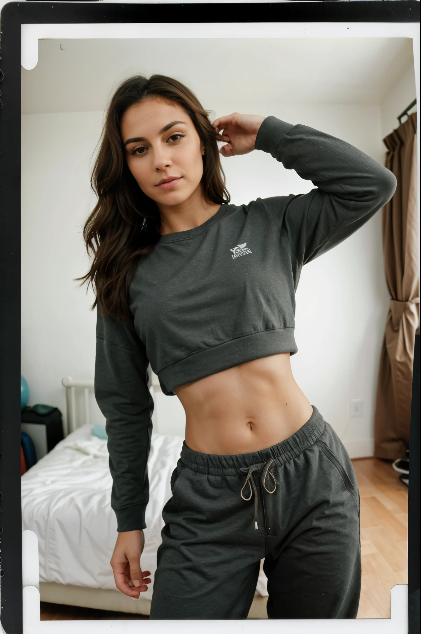 polaroid photo, fitness woman, baggy clothes, makeup, spanish brunette