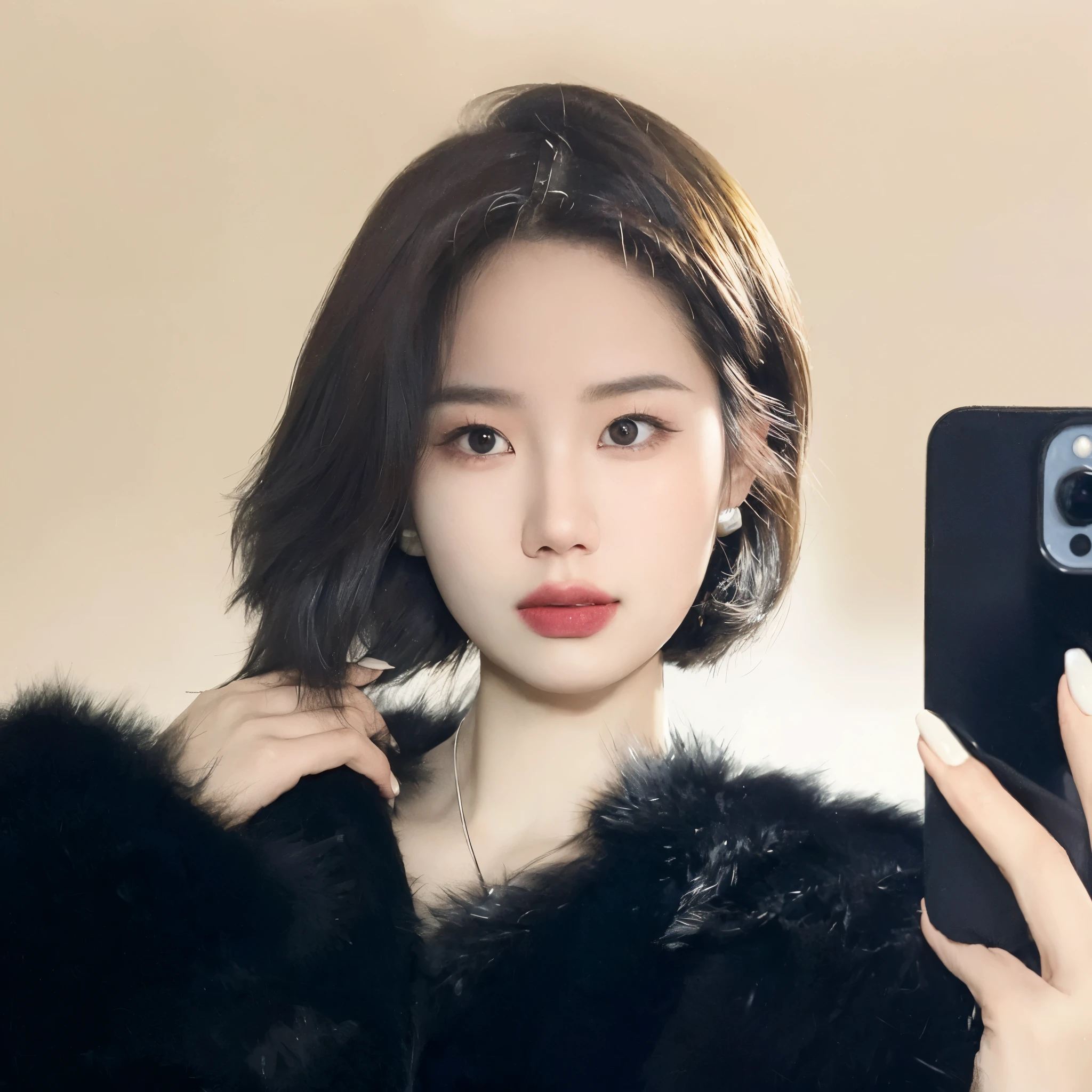Couple wearing black fur coats are, Short hair details, Urzans, 8k photograph, jinyoung shin, Cui Xianhua, Cute Korean face, Lee Ji-eun, lee ji eun, 年轻Cute Korean face, Popular Korean makeup, Portrait of a Korean female idol, Nam Jae-yeon, with a round face