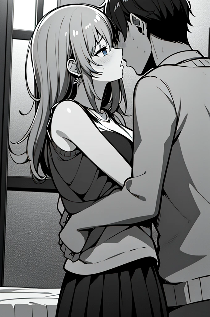 Perfect human body、1 boy,1 girl、A couple、heterosexuality、 NSFW, ((actual, Bedrooms)), (very highly detailed background), (((Stand next to the girl、Guy kisses girl))), Oversized white T-shirt、mini-skirts、鎖骨,Oversized chest, Convex milk,((woman with fever)), ((perspiring,steamy,Upper grades))), 、mini-skirts、((The expression of coloce flushed), 大男子气概的男人Stand next to the girl、looking at viewert,