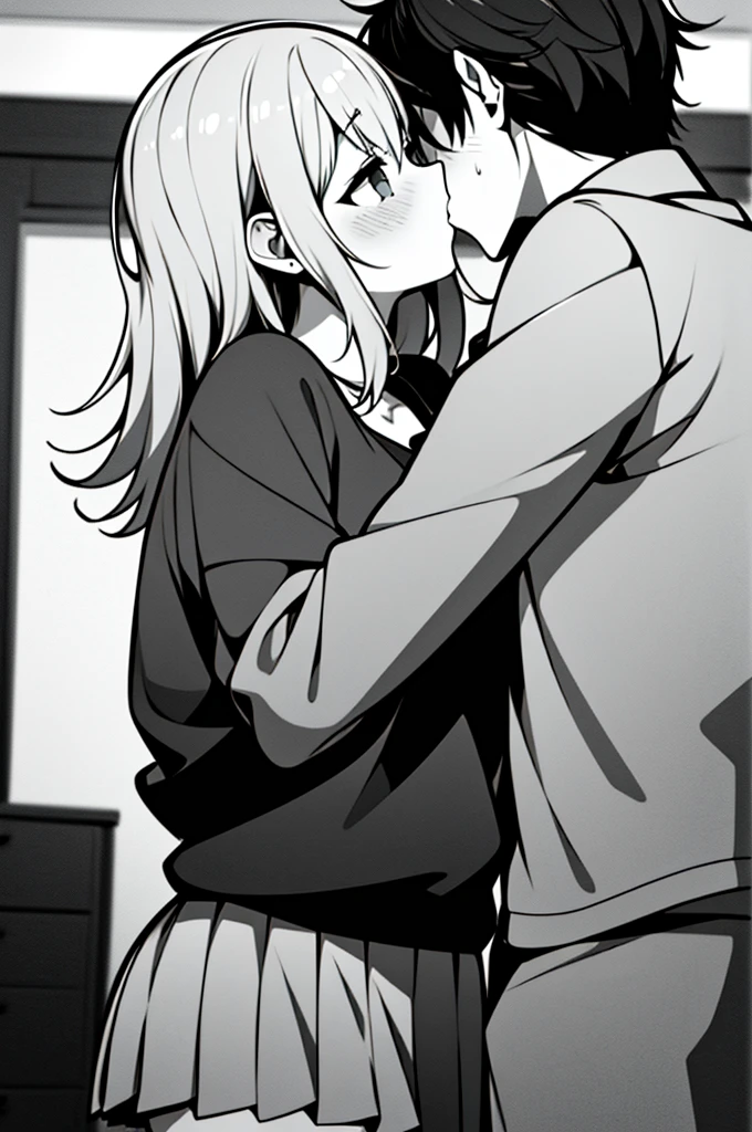 Perfect human body、1 boy,1 girl、A couple、heterosexuality、 NSFW, ((actual, Bedrooms)), (very highly detailed background), (((Stand next to the girl、Guy kisses girl))), Oversized white T-shirt、mini-skirts、鎖骨,Oversized chest, Convex milk,((woman with fever)), ((perspiring,steamy,Upper grades))), 、mini-skirts、((The expression of coloce flushed), 大男子气概的男人Stand next to the girl、looking at viewert,