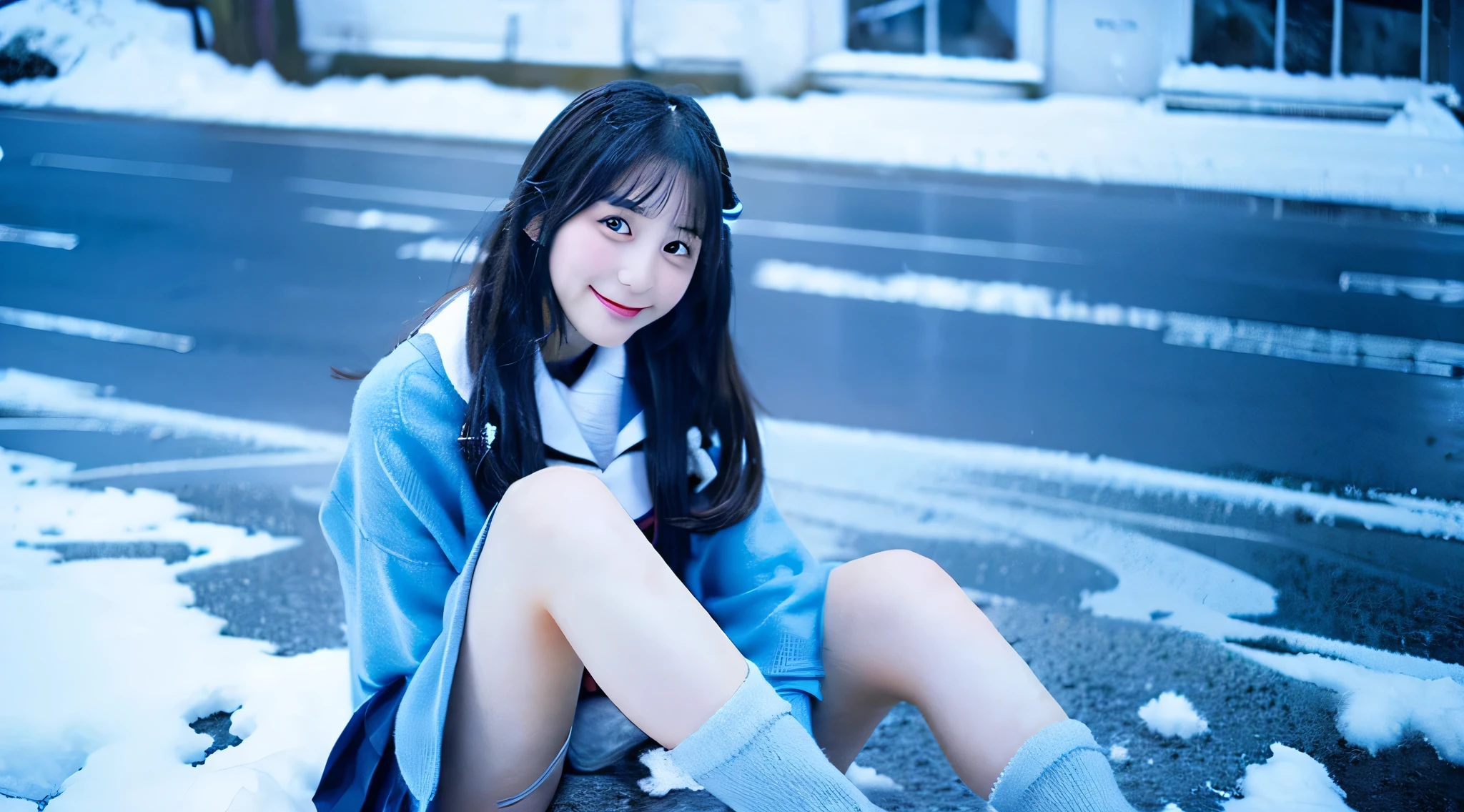 Cute high school girl 18 years old in a blue miniskirt、It&#39;s snowing outside